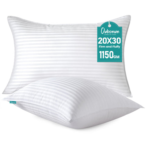 Oubonun front packaging showing two queen pillows and benefits of set