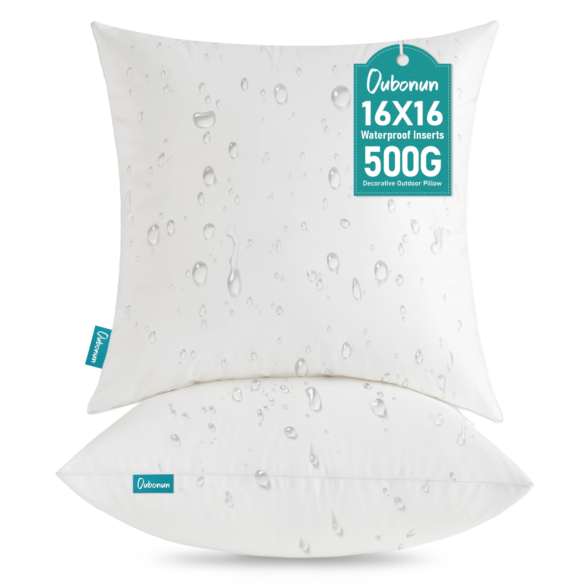 Oubonun front view of two 16x16 waterproof pillow inserts showing clean square shape and durability