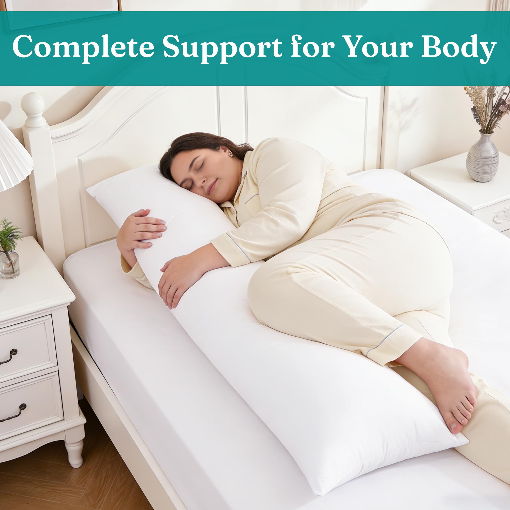 Oubonun long pillow styled on bed demonstrating breathable fabric and comfortable appearance