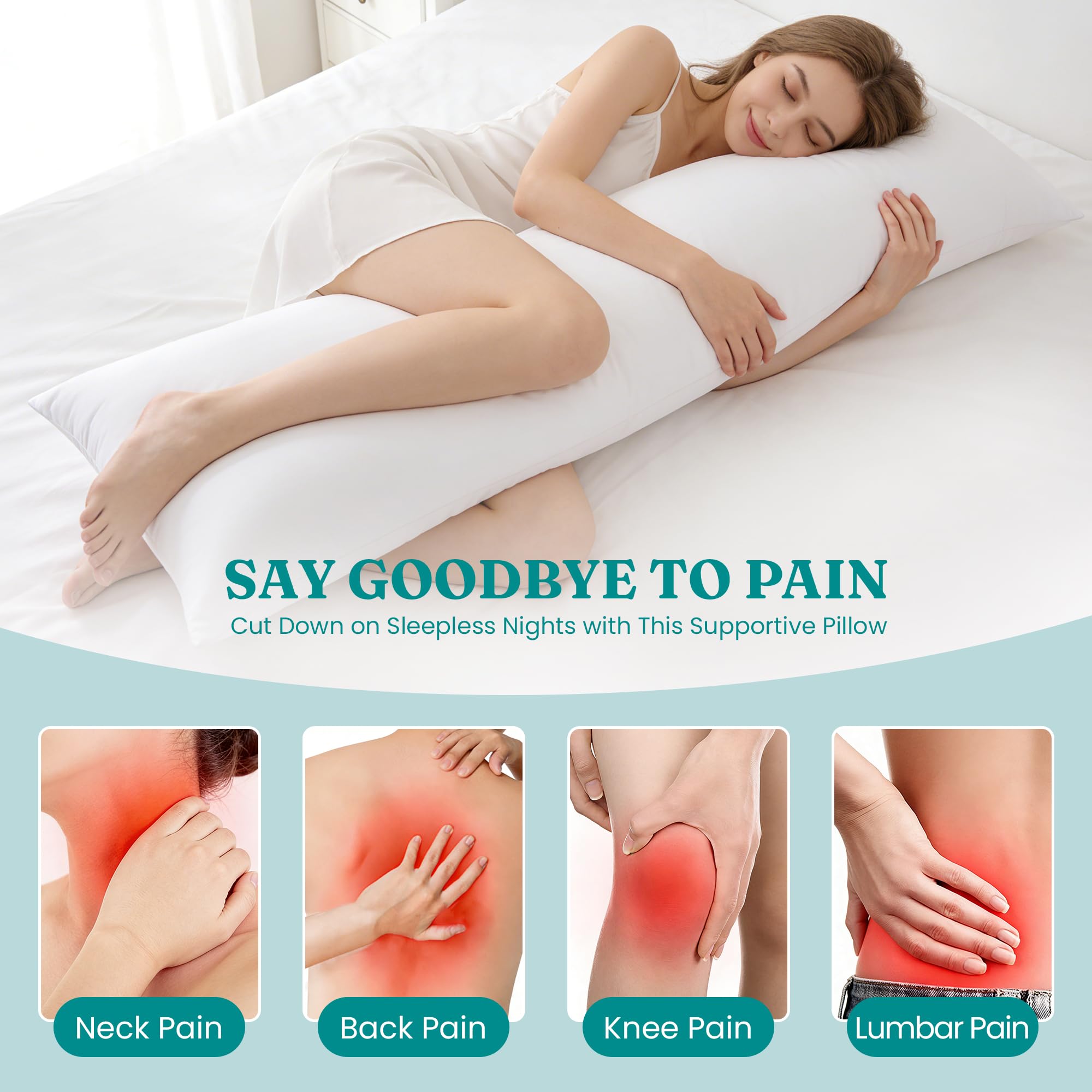 Oubonun pillow next to a foot showing 21x54 size for full body coverage and scale