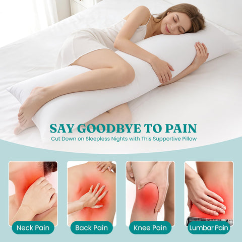 Oubonun pillow next to a foot showing 21x54 size for full body coverage and scale
