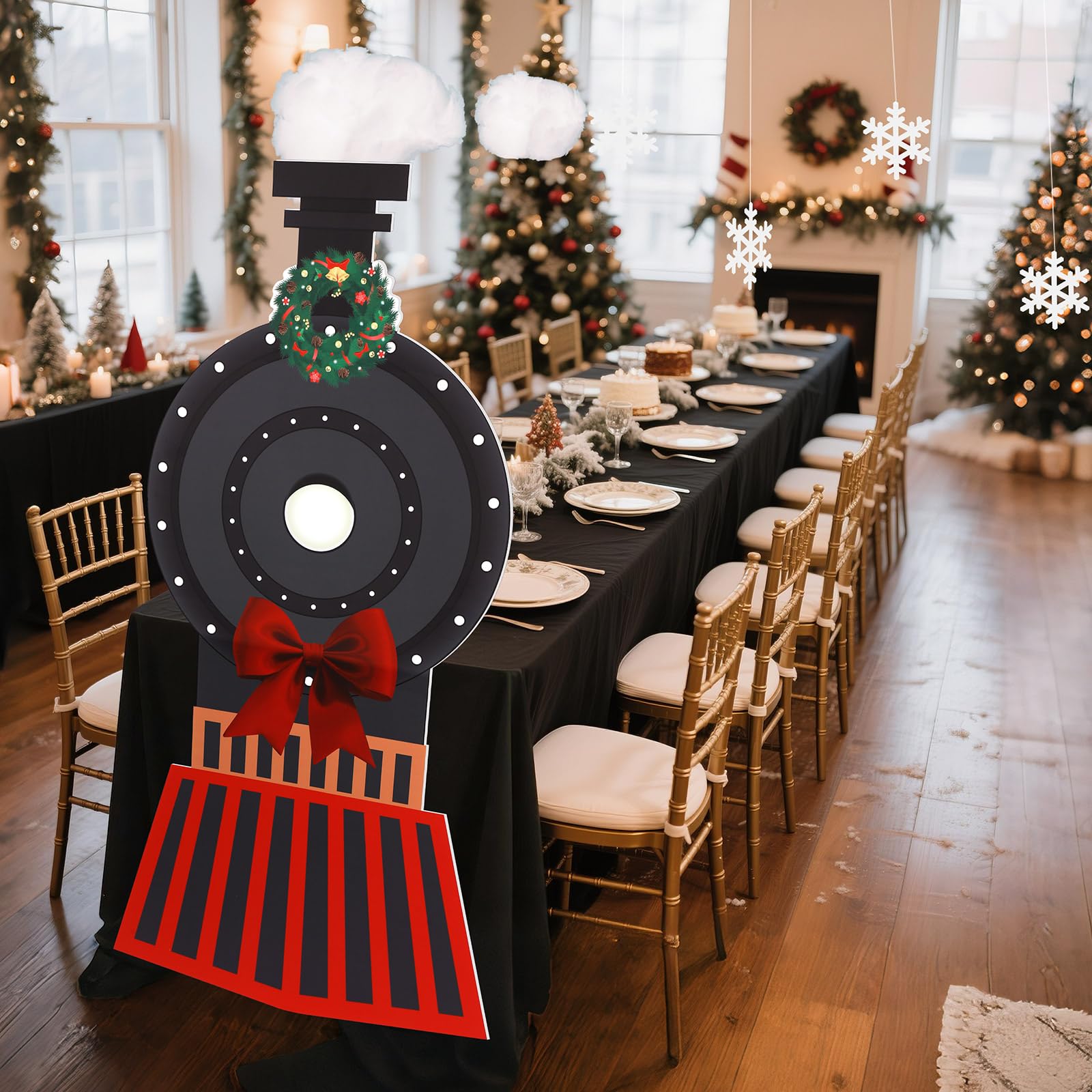 Oudain train cutout mounted in doorway welcoming guests with holiday charm