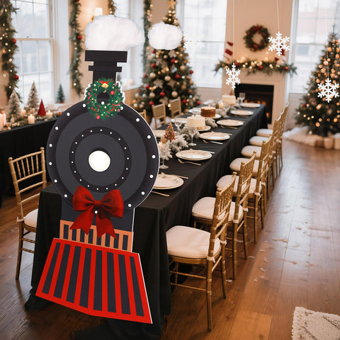 Oudain train cutout mounted in doorway welcoming guests with holiday charm