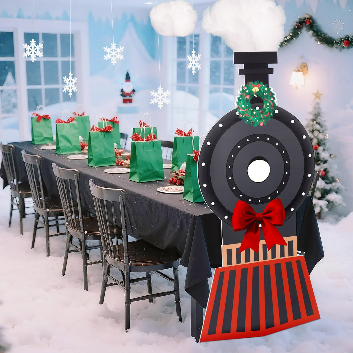 Oudain front view of two train cutouts creating strong holiday focal point