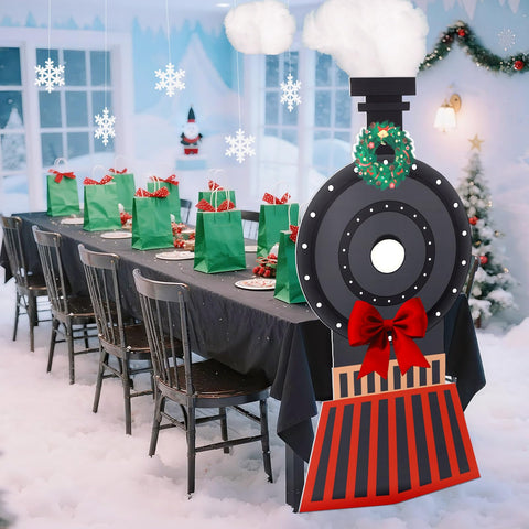 Oudain front view of two train cutouts creating strong holiday focal point