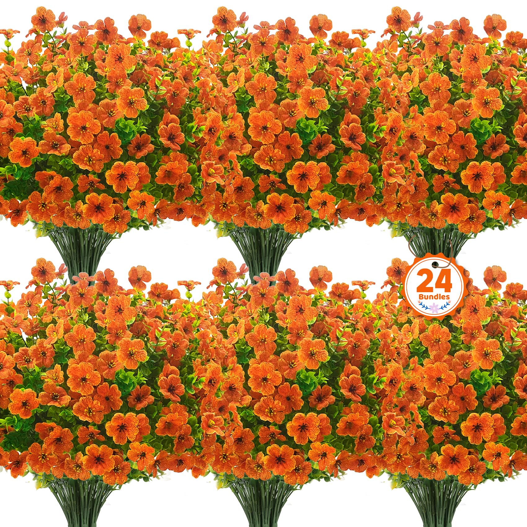 Ouddy Decor front view of 24-piece orange mums showing pack and color benefits