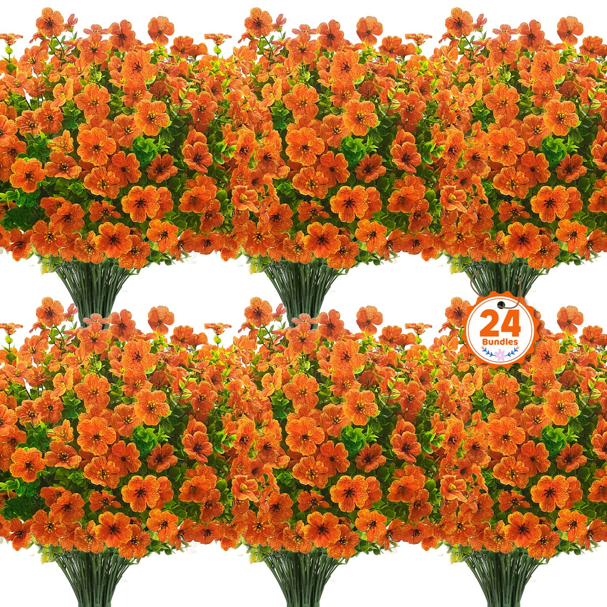 Ouddy Decor front view of 24-piece orange mums showing pack and color benefits