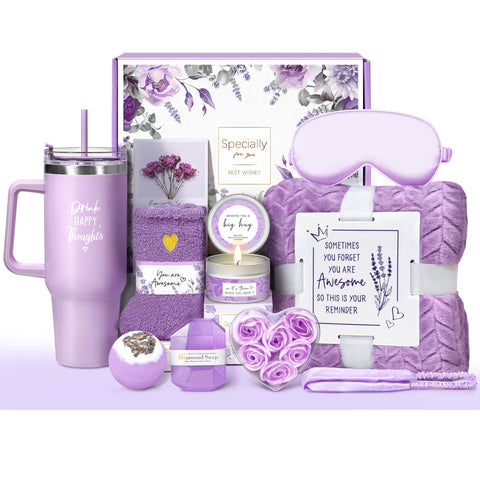 Oufrenn front packaging of complete lavender spa gift set showing contents neatly arranged