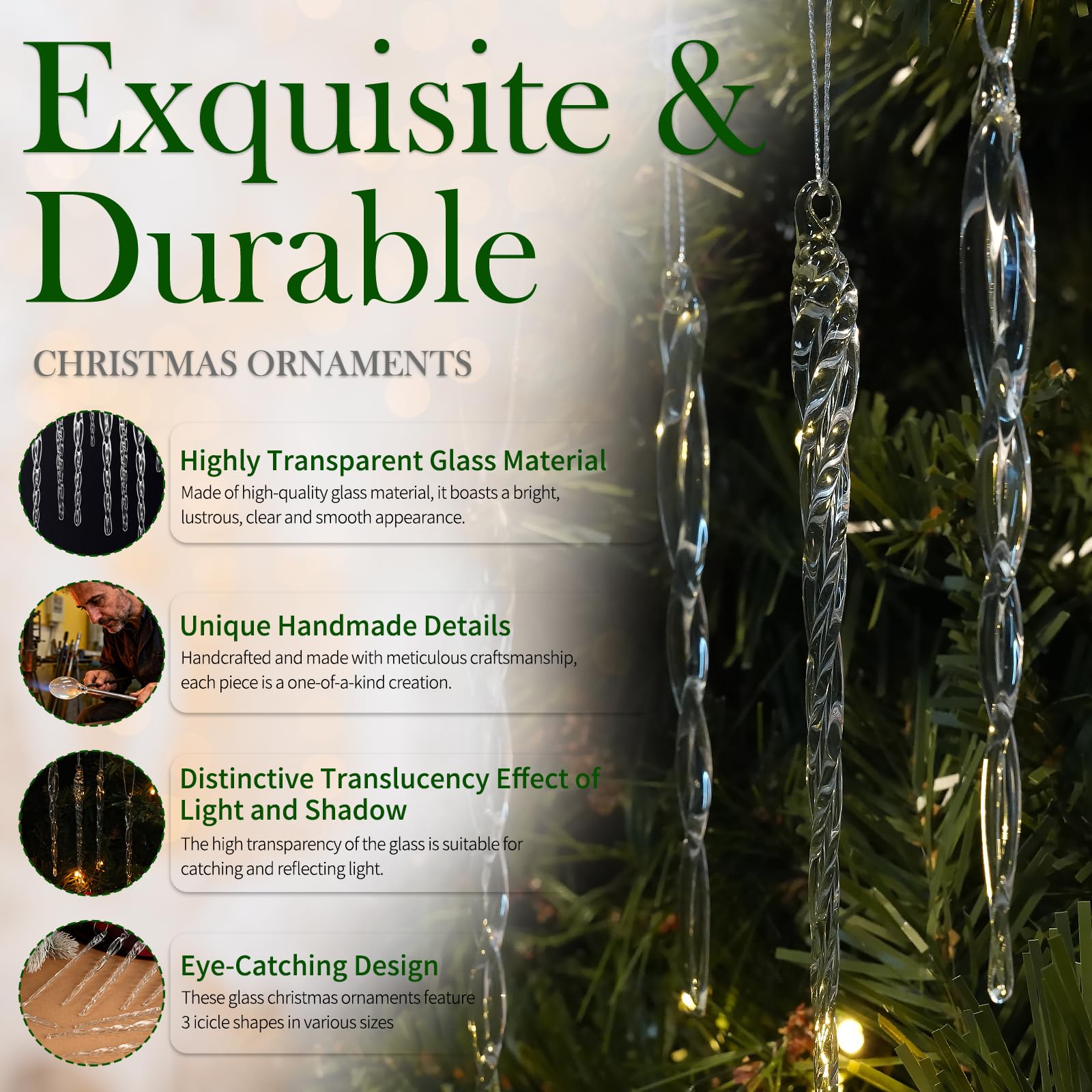 OuMuaMua icicle ornament hanging on tree branch, adds realistic sparkle