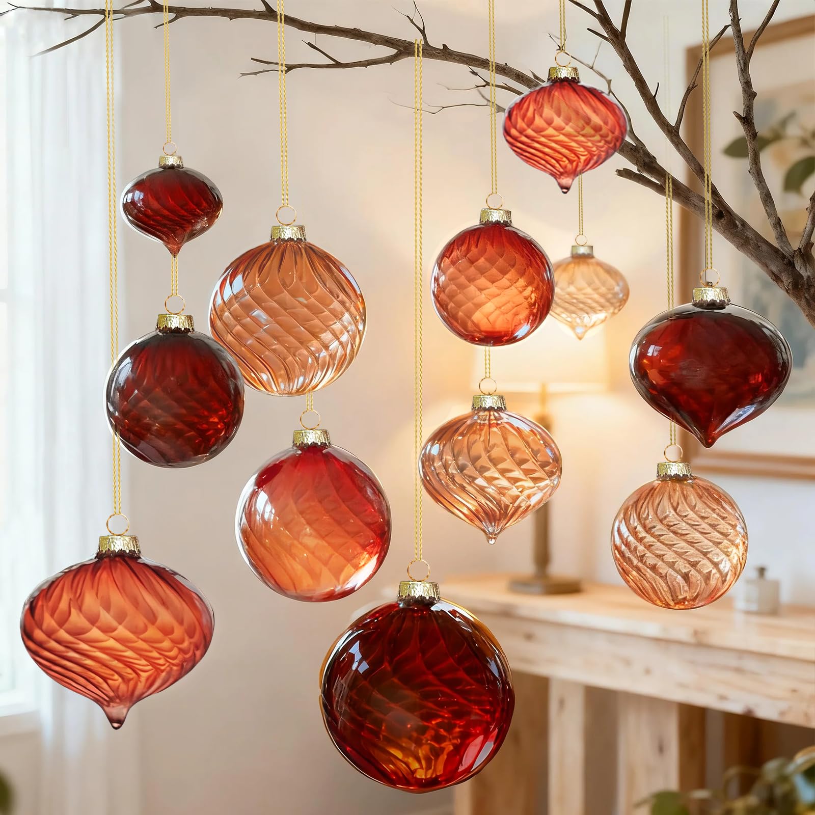 OuMuaMua boxed set of 12 brown glass ornaments showing complete collection and warm tones