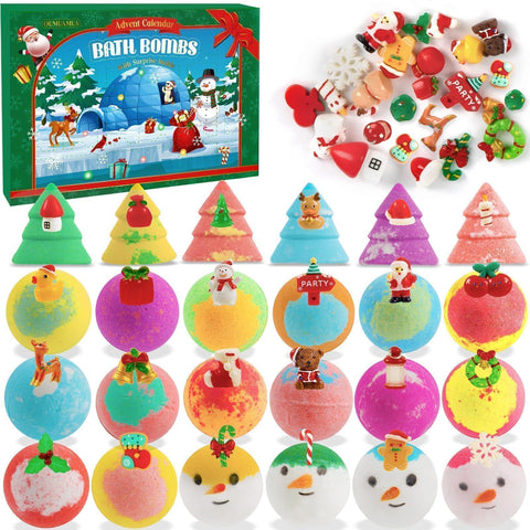 OuMuaMua festive box packaging showing 24 bath bombs and toys for joyful countdown