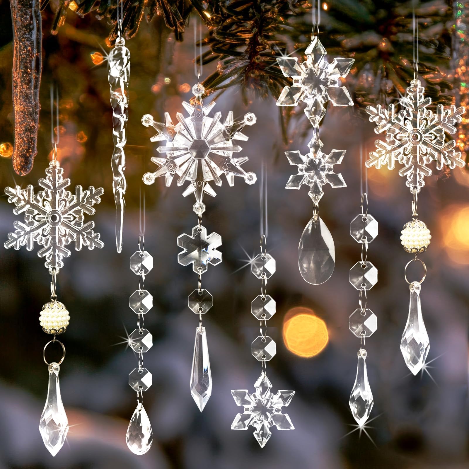 OuMuaMua front packaging showing full 48-piece clear ornament set and included ribbons