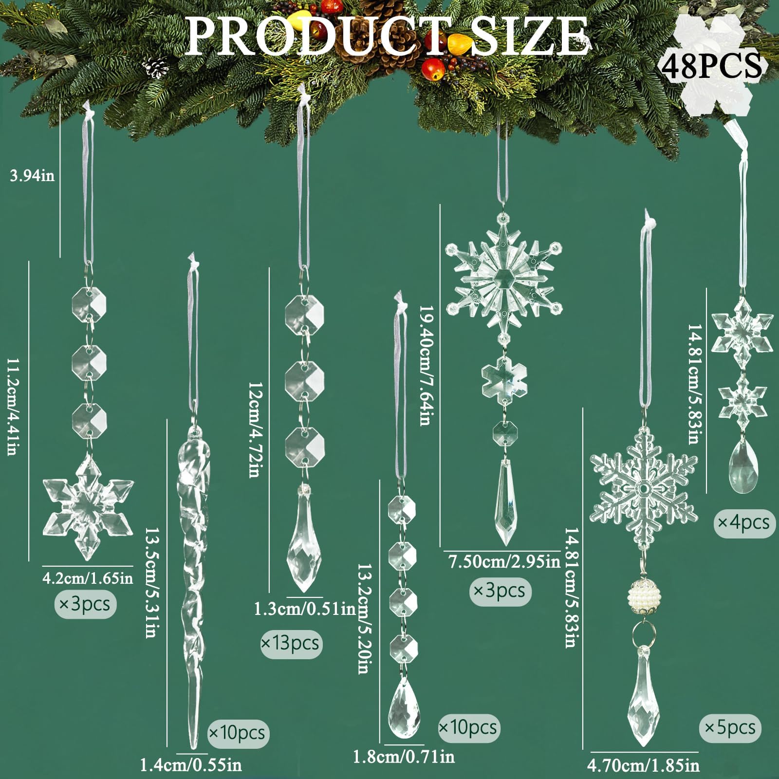 OuMuaMua long icicle and teardrop hung on a lit tree showing elegant length and glow