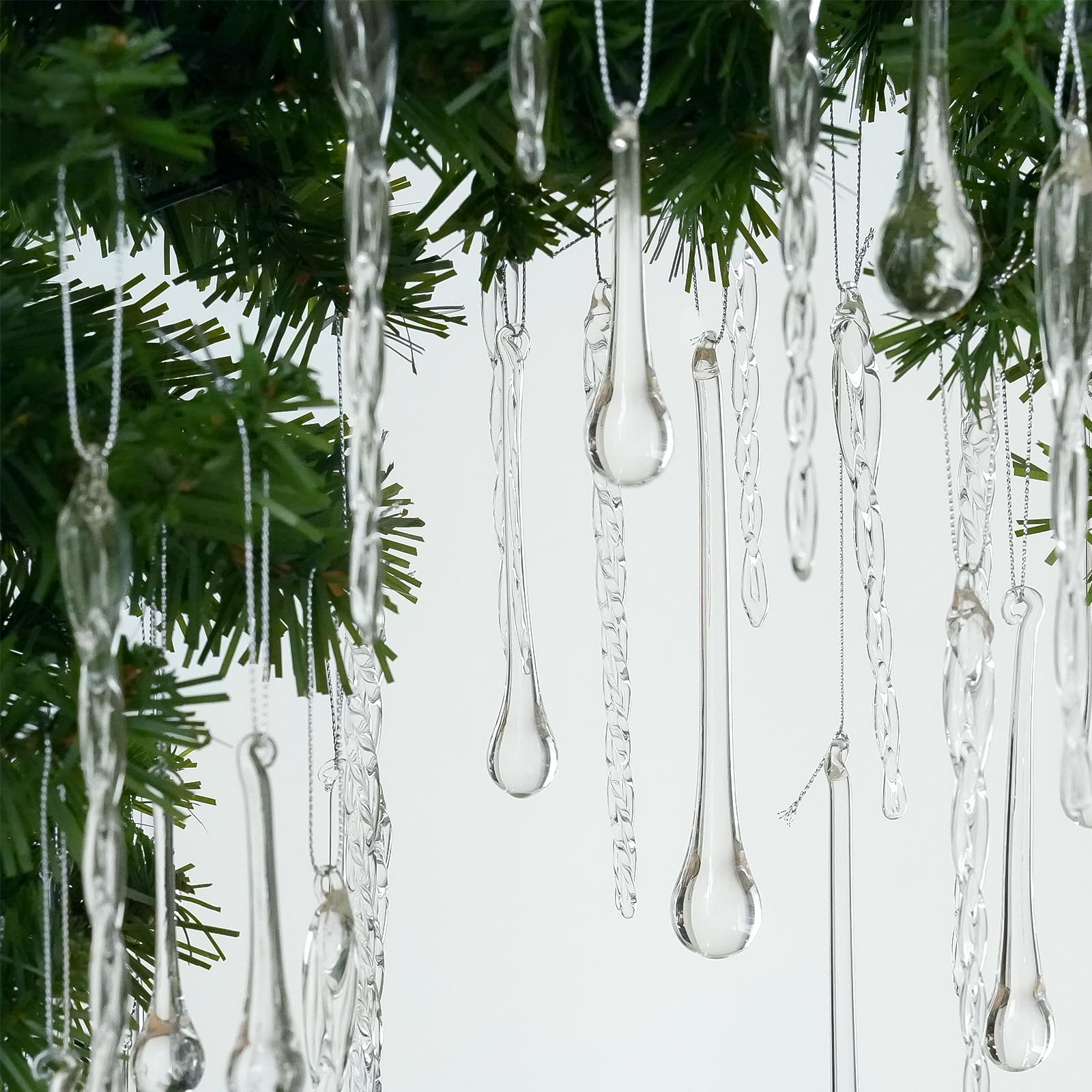 OuMuaMua icicles and teardrops styled on a garland and wreath for seasonal accenting
