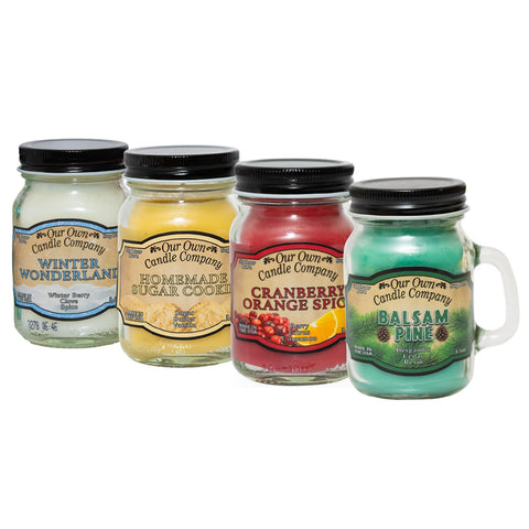 Our Own Candle Company front view of four holiday mason jar candles, easy gifting
