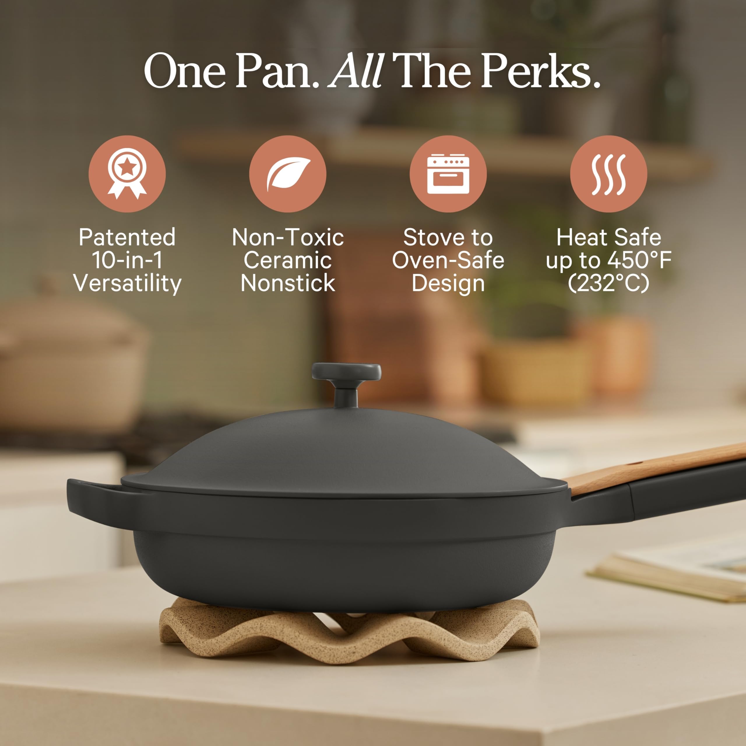 Our Place Always Pan 2.0 modular lid close-up showing steam vent control and convenience