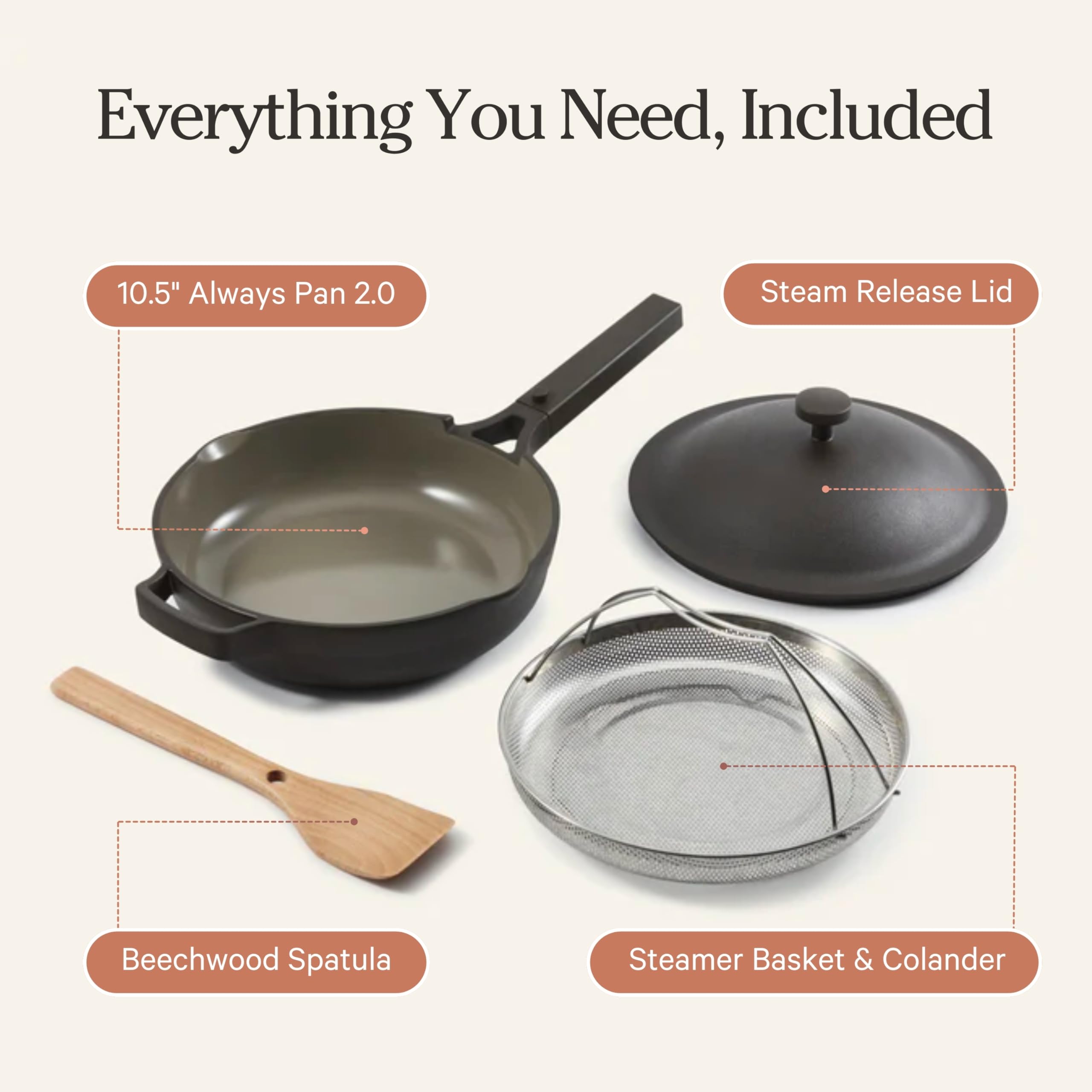 Our Place Always Pan 2.0 packaging and nested spatula showing compact storage