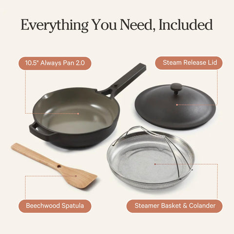 Our Place Always Pan 2.0 packaging and nested spatula showing compact storage