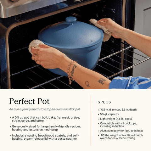 Our Place beechwood utensils nesting on pan for tidy, mess-free cooking