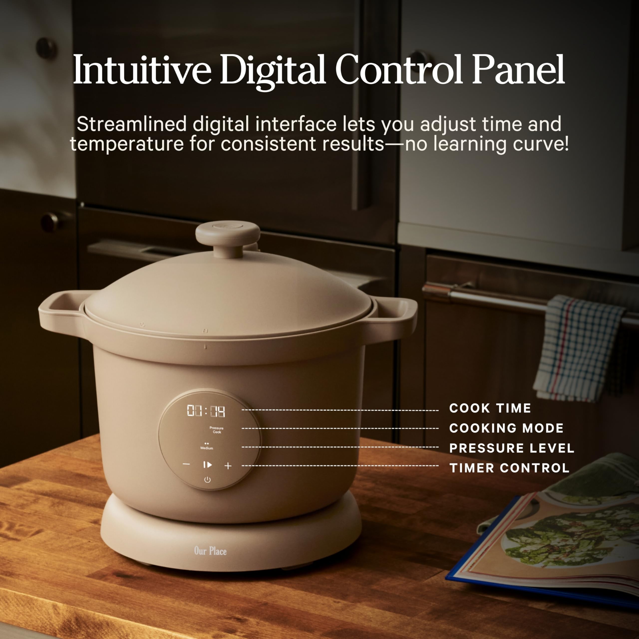 Our Place Dream Cooker next to a cutting board to show 6 qt capacity and family size