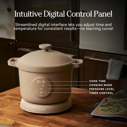 Our Place Dream Cooker next to a cutting board to show 6 qt capacity and family size