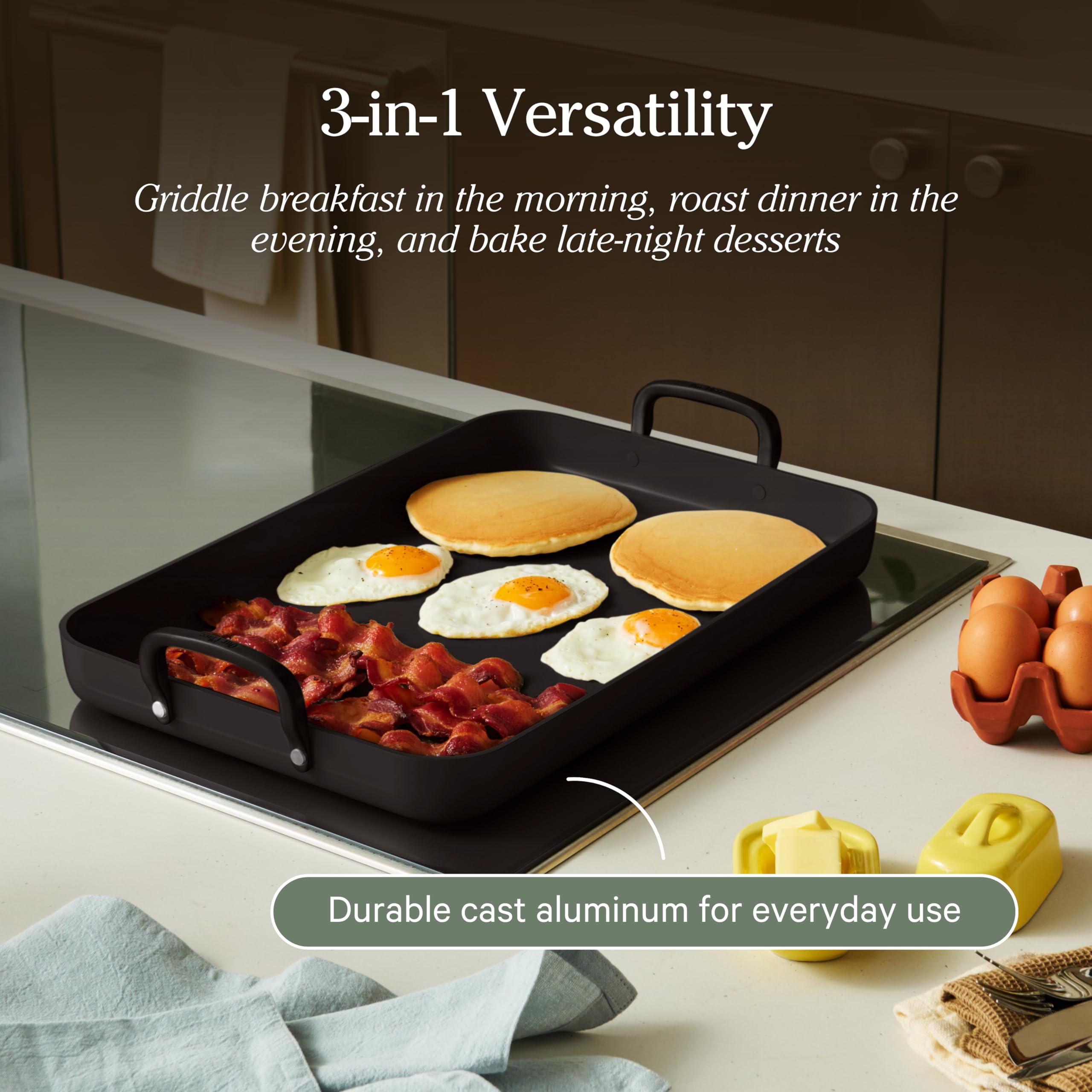 Our Place griddle in oven roasting vegetables evenly for convenient meals