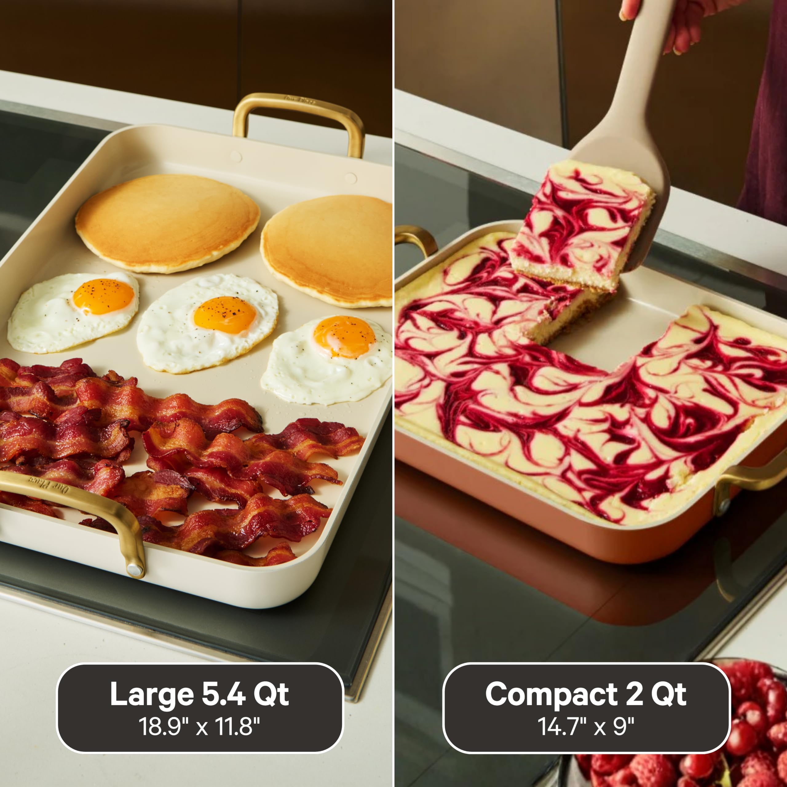 Our Place griddle on stovetop with smash burger demonstrating quick sear