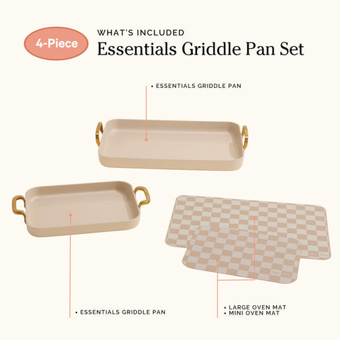 Our Place griddle shown with hand for size comparison and compact storage