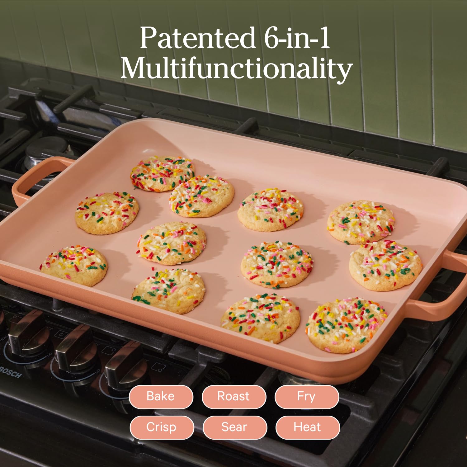 Our Place griddle pan across two burners showing stovetop versatility benefit