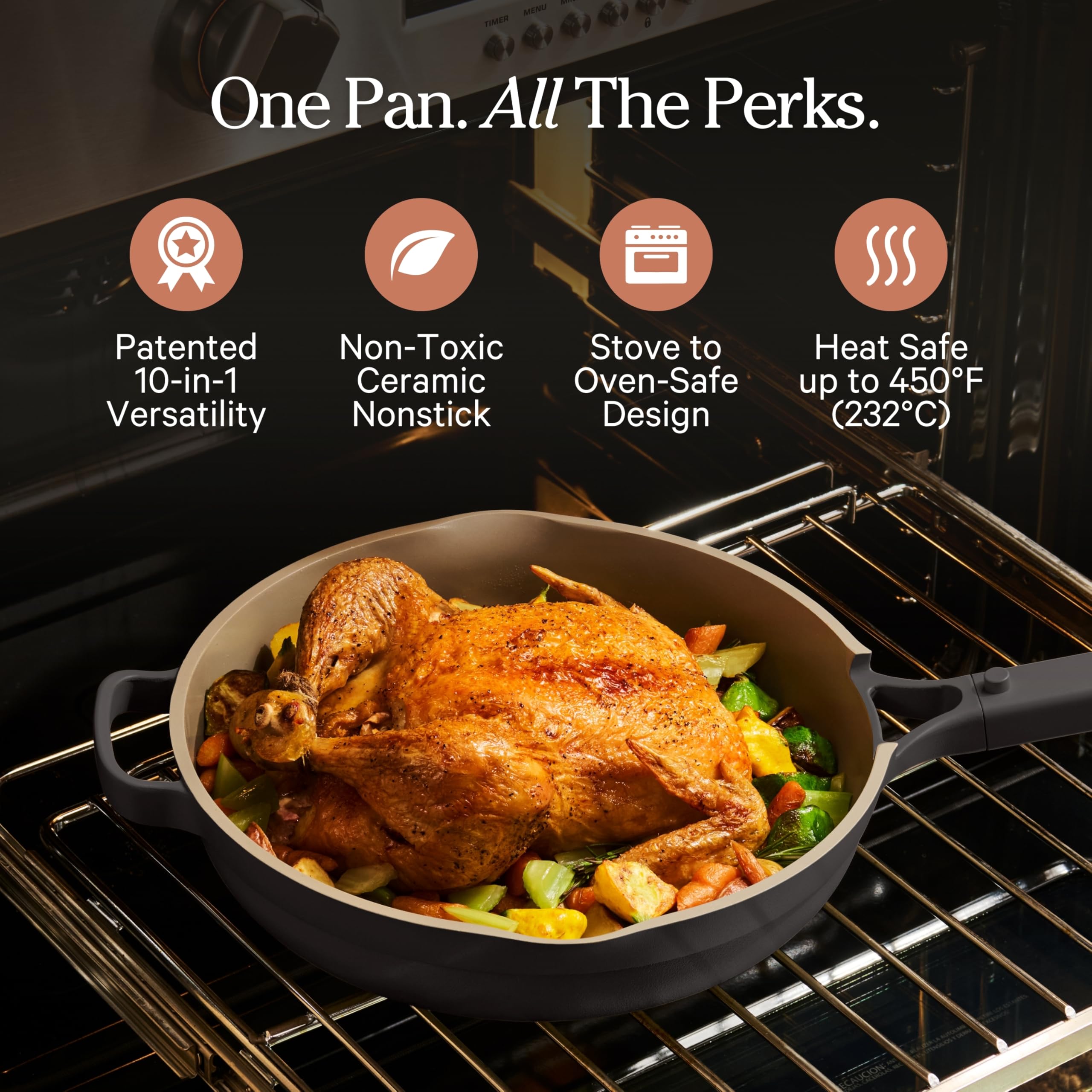 Our Place Always Pan angled with lid highlighting domed steam-release lid benefit