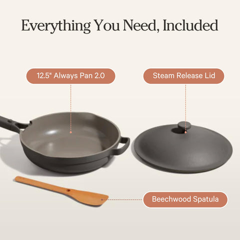 Our Place pan beside dinner plates showing 4-quart capacity and family scale