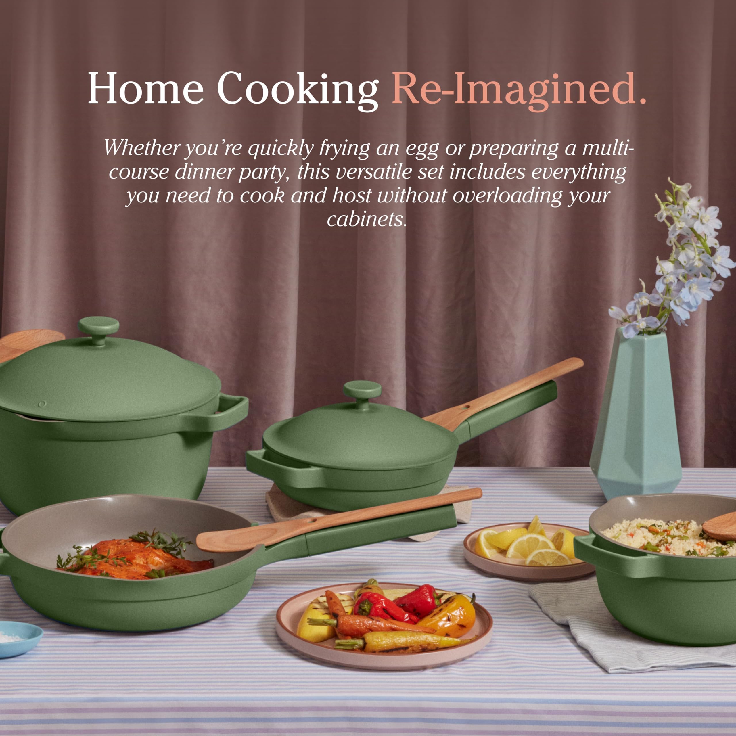 Our Place lifestyle kitchen scene showing the set in use for family meal prep and entertaining