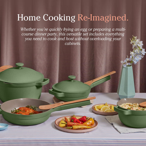 Our Place lifestyle kitchen scene showing the set in use for family meal prep and entertaining