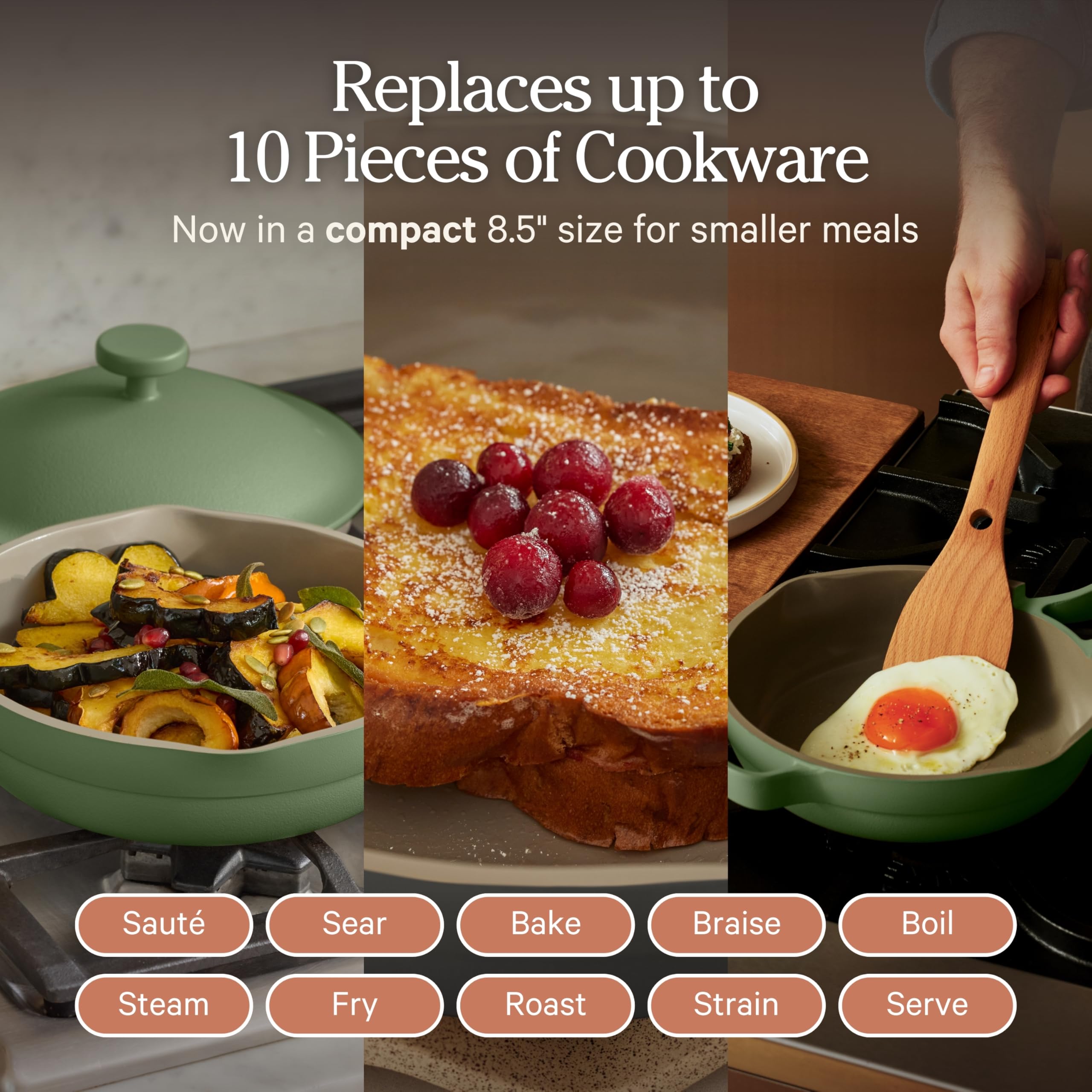 Our Place mini always pan with nested beechwood spatula showing clutter-free storage