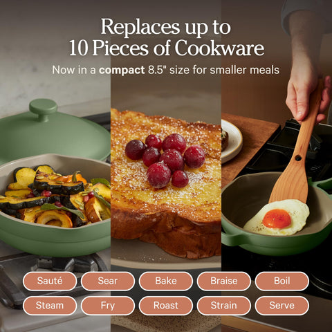 Our Place mini always pan with nested beechwood spatula showing clutter-free storage