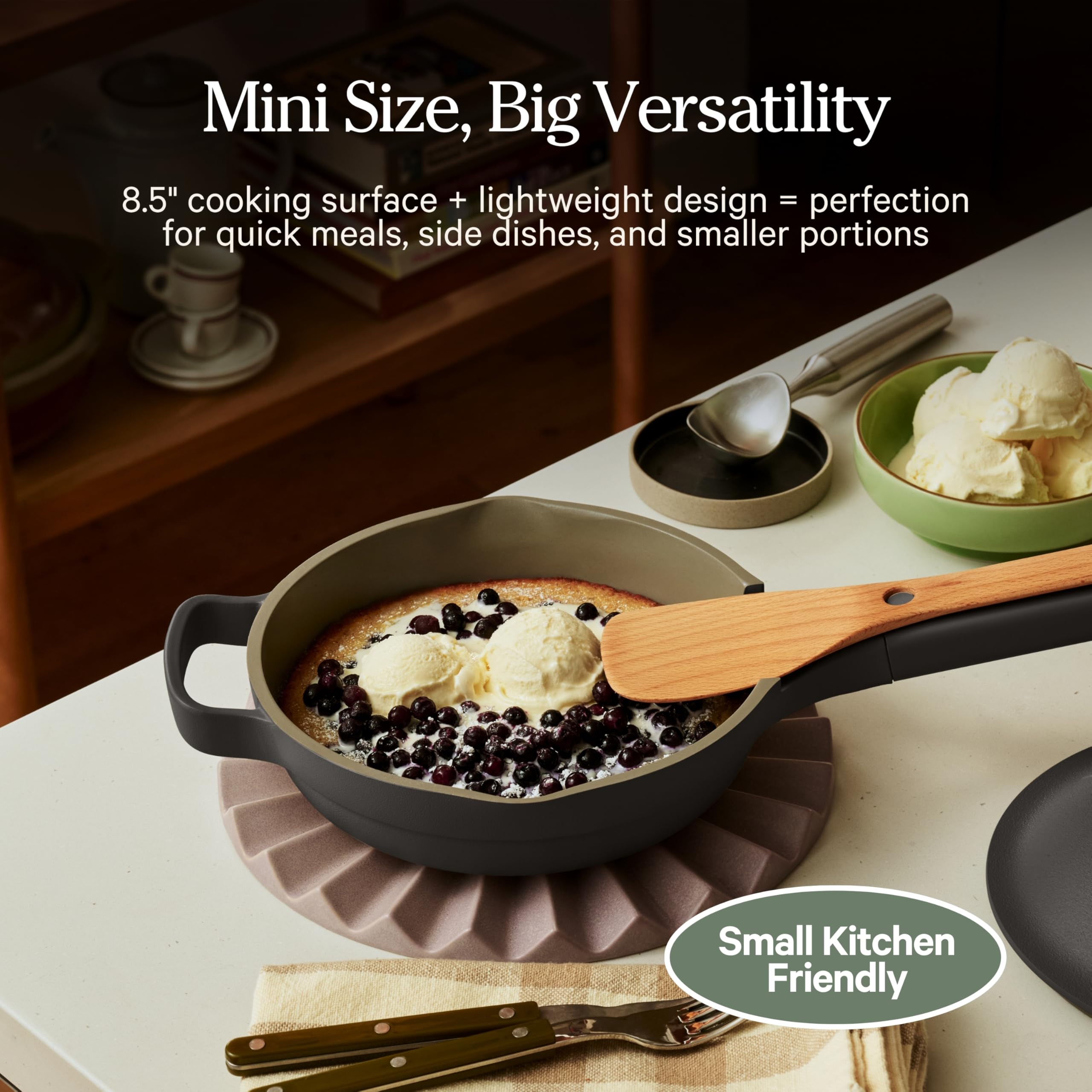 Our Place Mini beside a dinner plate showing 8.5-inch scale and space-saving benefit