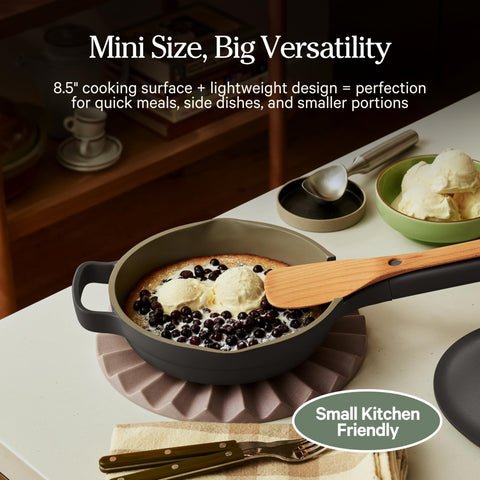 Our Place Mini beside a dinner plate showing 8.5-inch scale and space-saving benefit