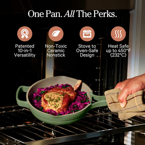 Our Place mini always pan with domed lid illustrating steam-control advantage