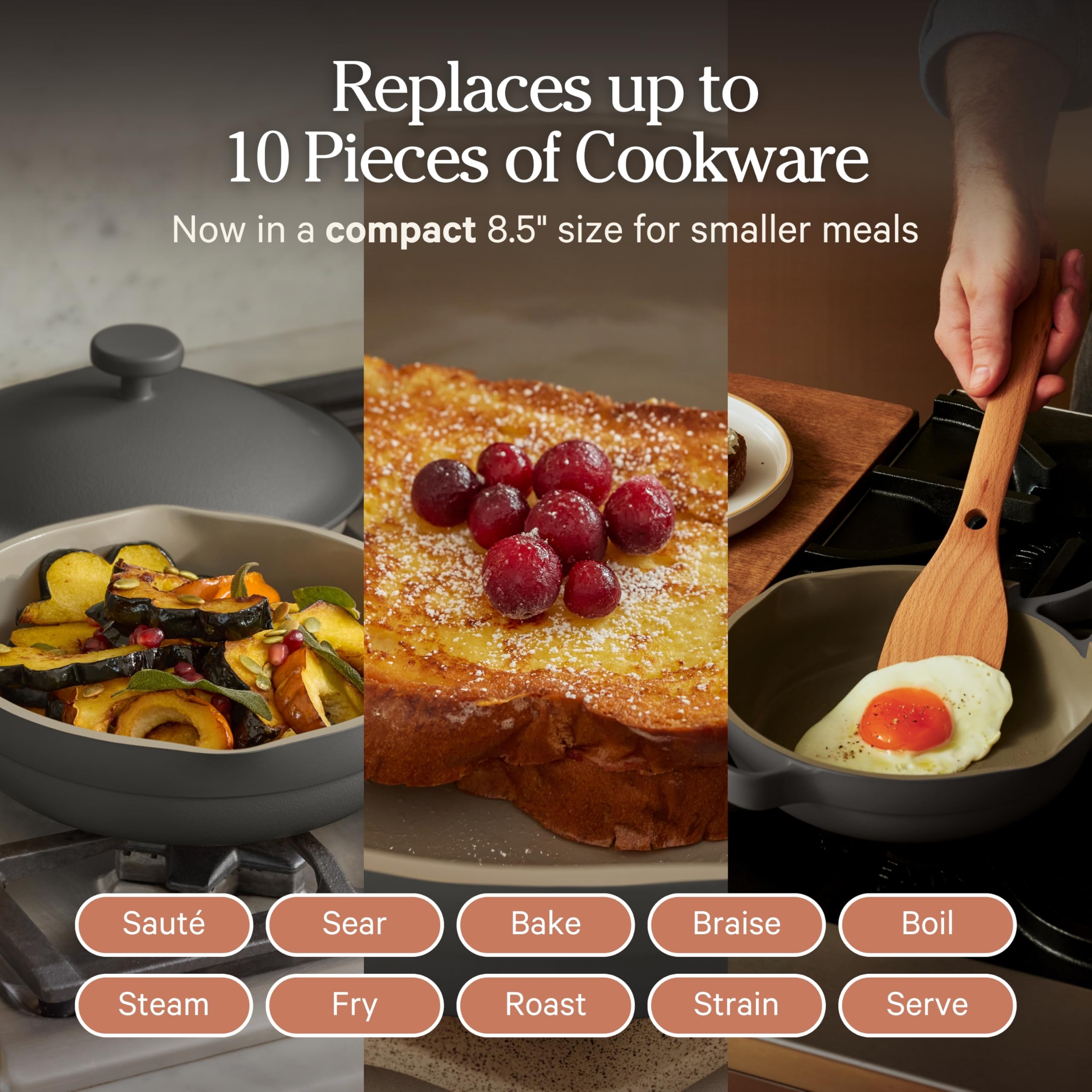 Our Place Mini with nesting beechwood spatula attached demonstrating compact organization benefit