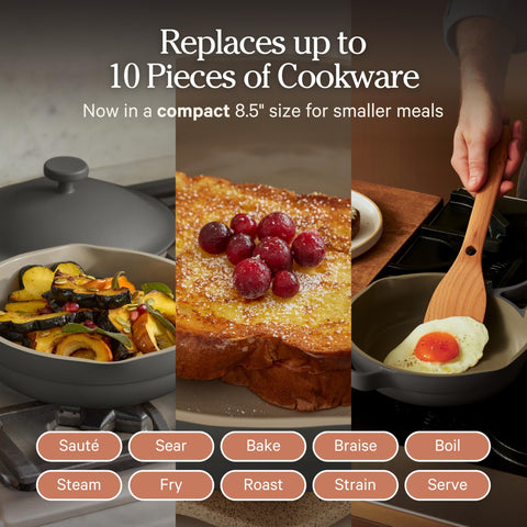 Our Place Mini with nesting beechwood spatula attached demonstrating compact organization benefit