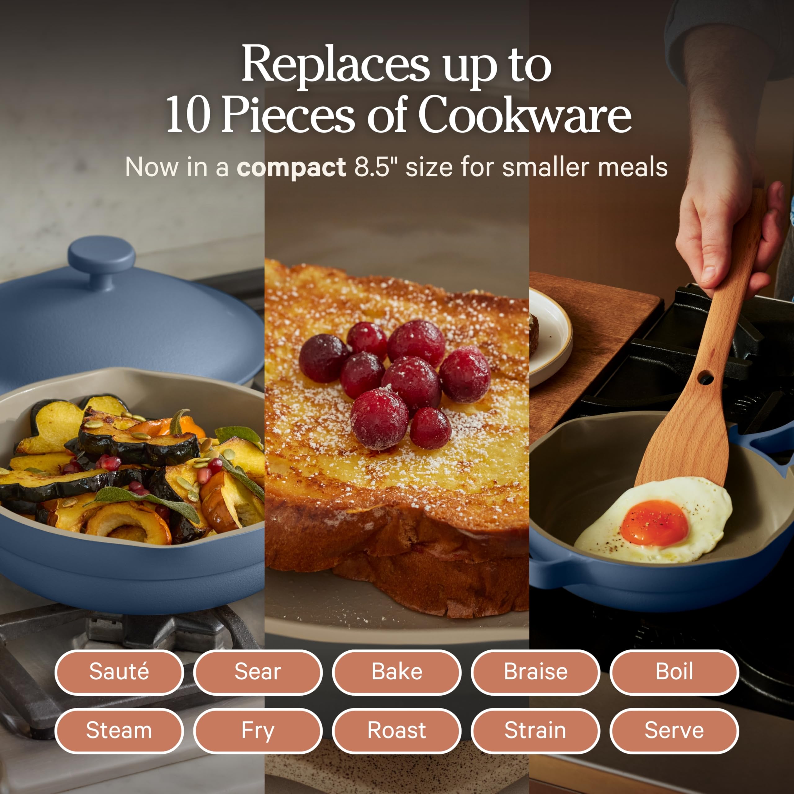Our Place pan with beechwood spatula nested on rim for tidy storage and convenience
