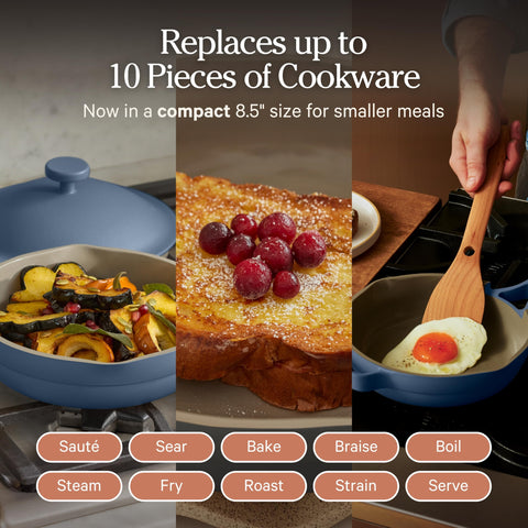 Our Place pan with beechwood spatula nested on rim for tidy storage and convenience
