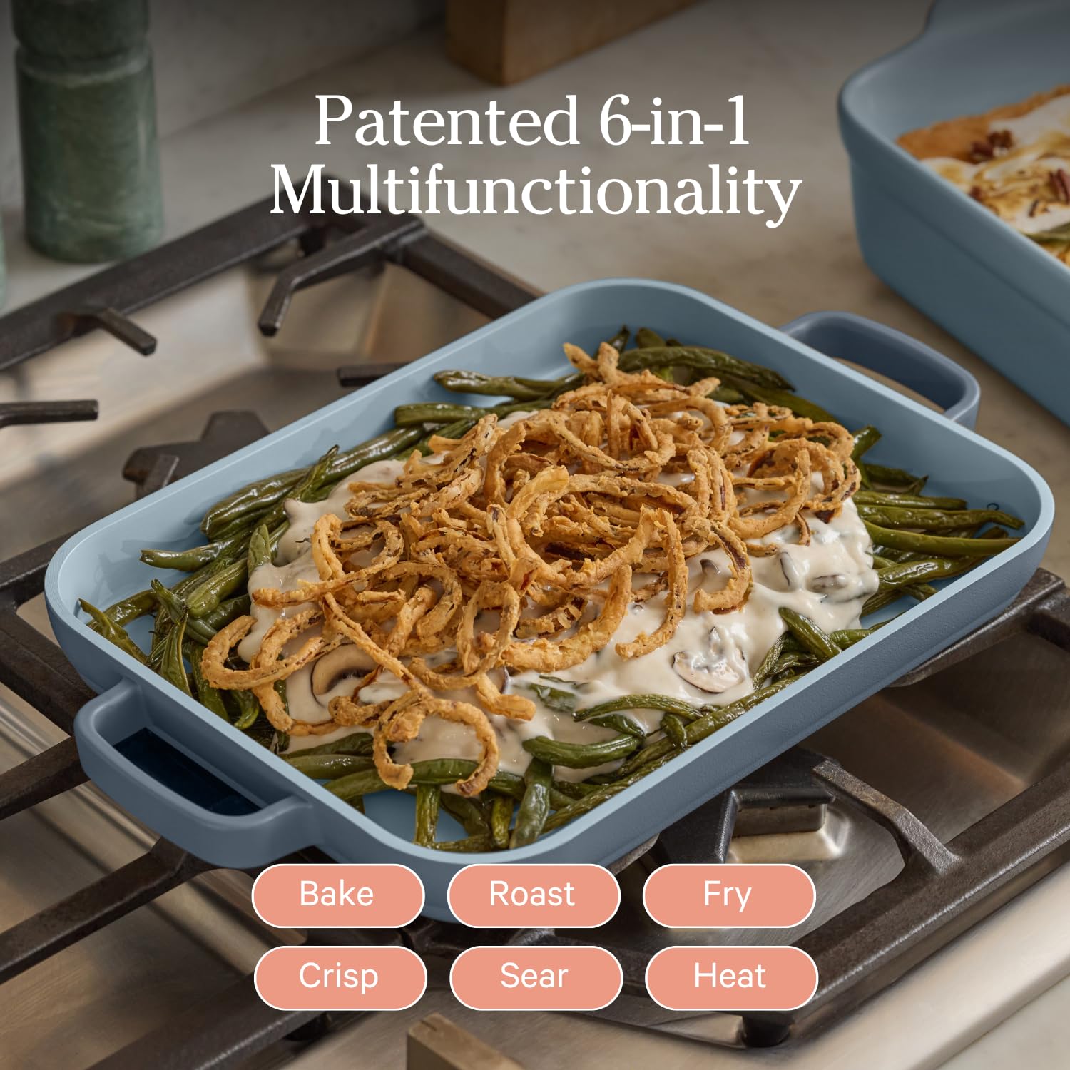 Our Place Mini Griddle close-up of handle and rim, secure grip and oven readiness benefit