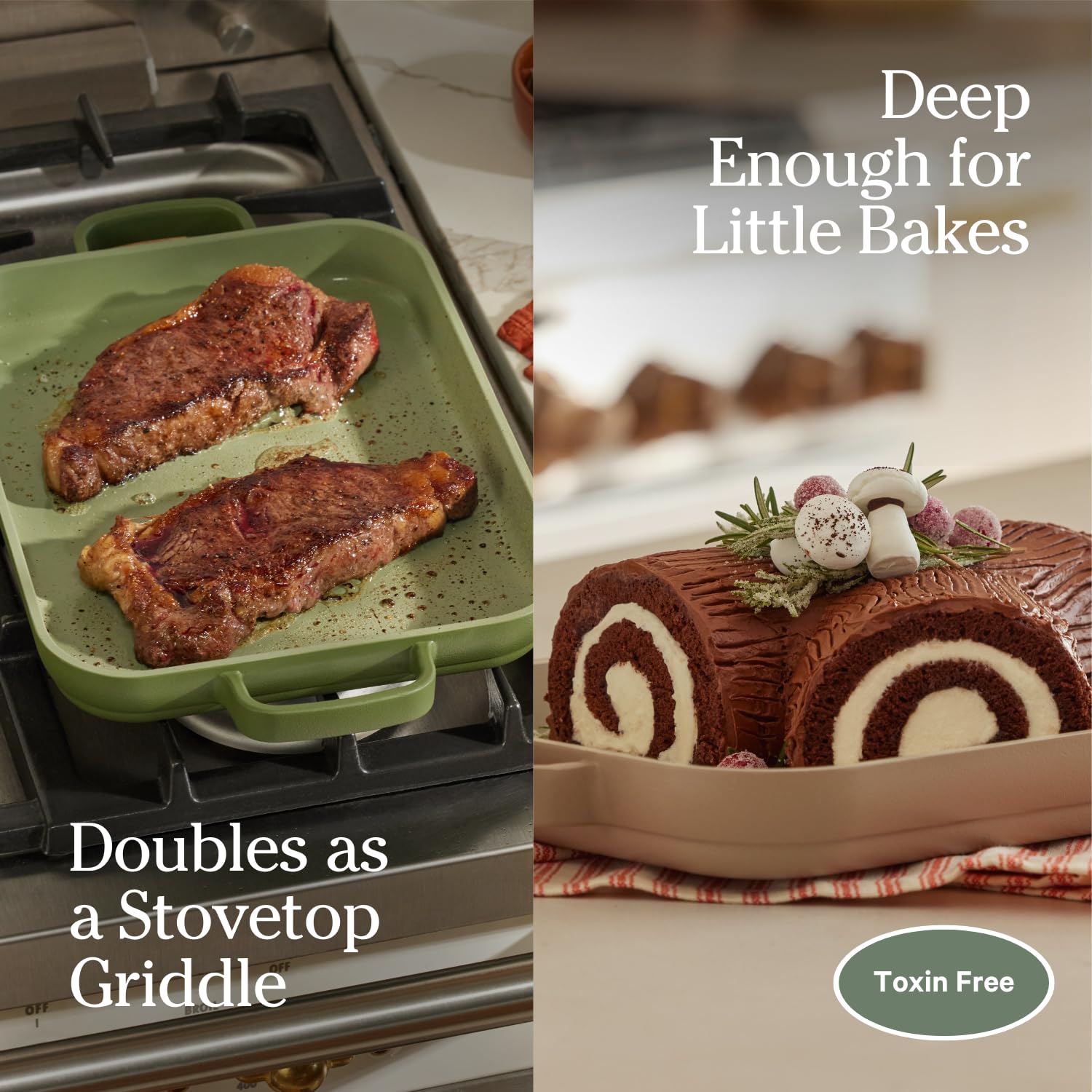 Our Place griddle shown next to hand to display scale and space-saving benefit