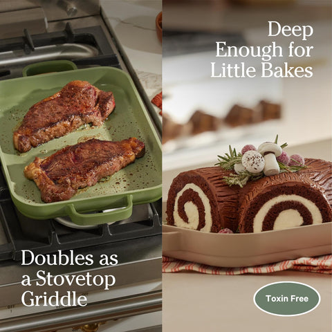 Our Place griddle shown next to hand to display scale and space-saving benefit