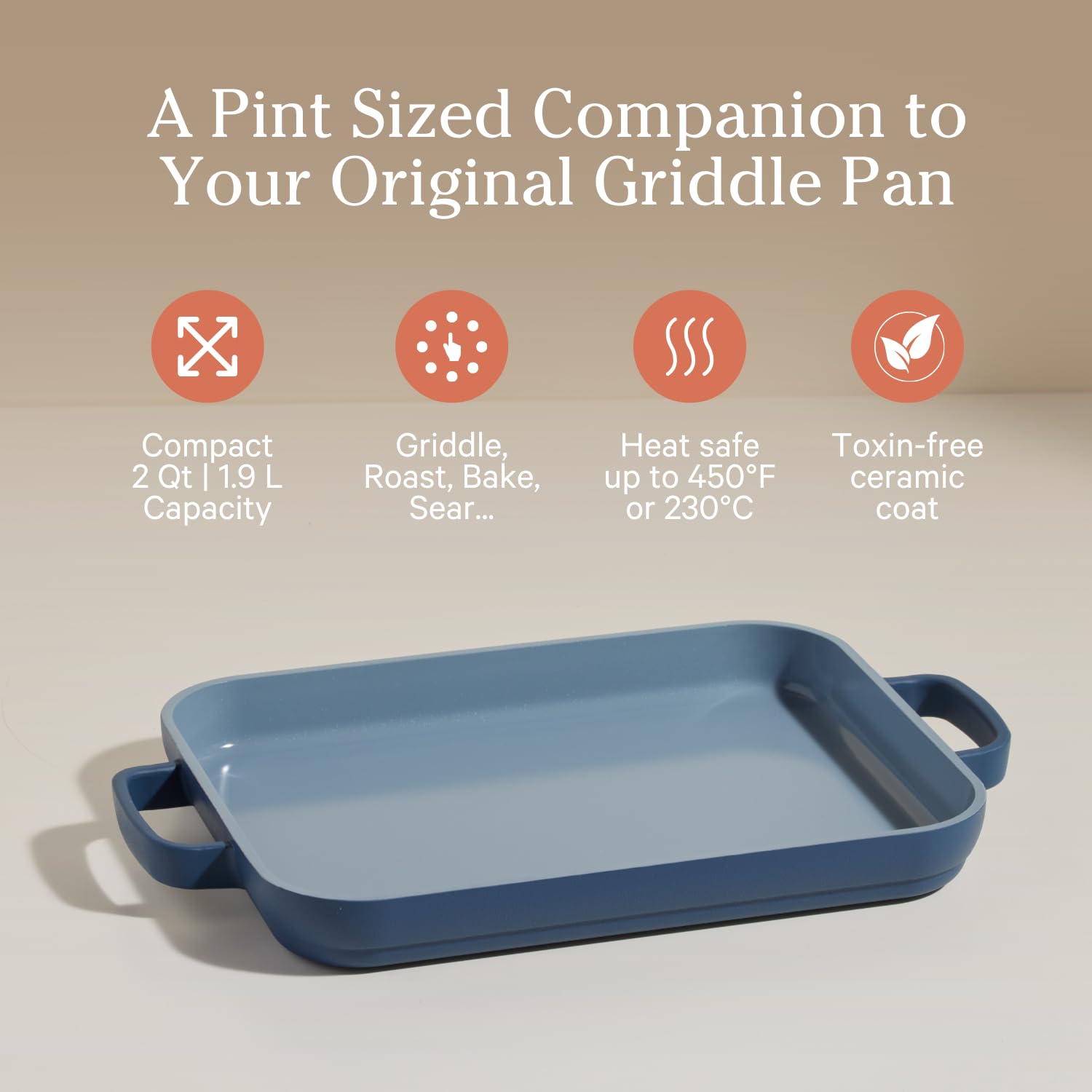 Our Place Mini Griddle nonstick ceramic surface overhead, even browning and easy release benefit