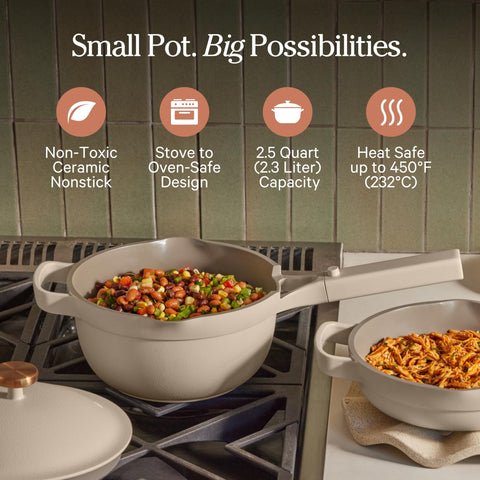 Our Place Mini Perfect Pot close-up of Thermakind ceramic coating for easy food release