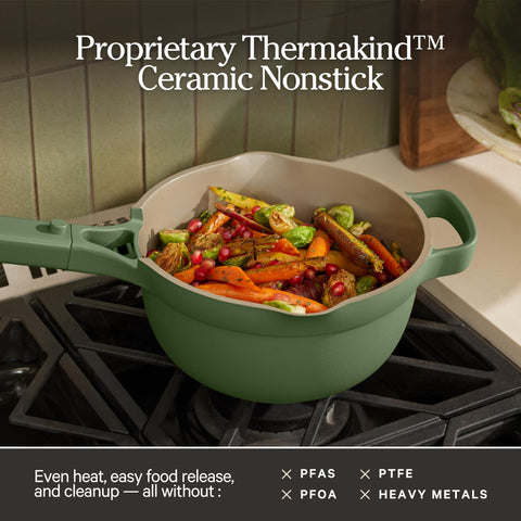 Our Place pot in use on stovetop showing easy handling and pouring benefit