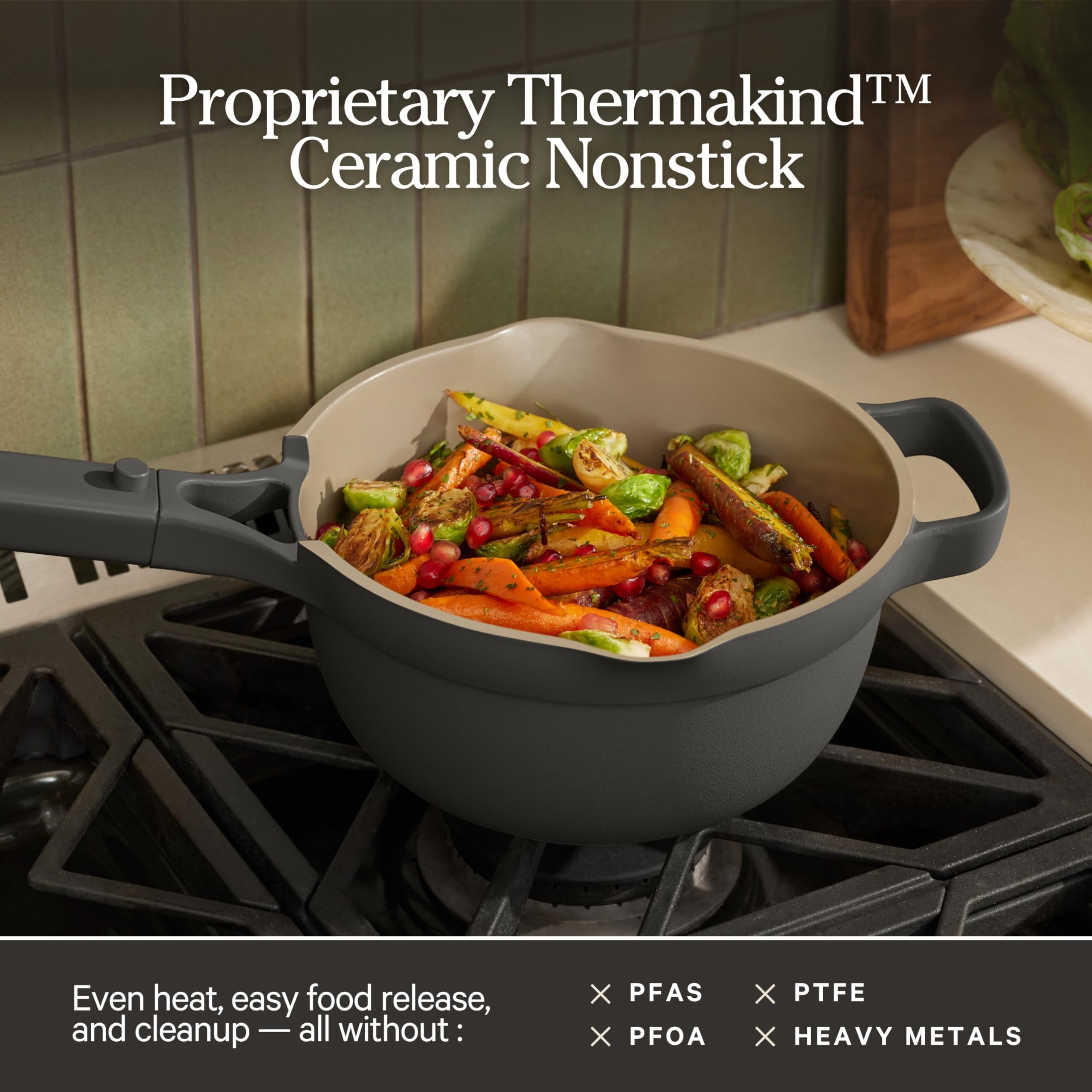 Our Place interior surface close-up showing Thermakind ceramic nonstick for easy release