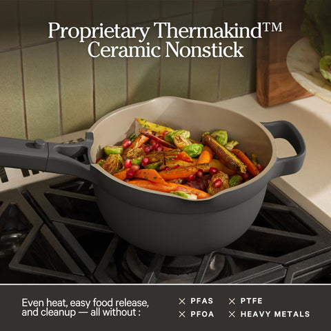 Our Place interior surface close-up showing Thermakind ceramic nonstick for easy release
